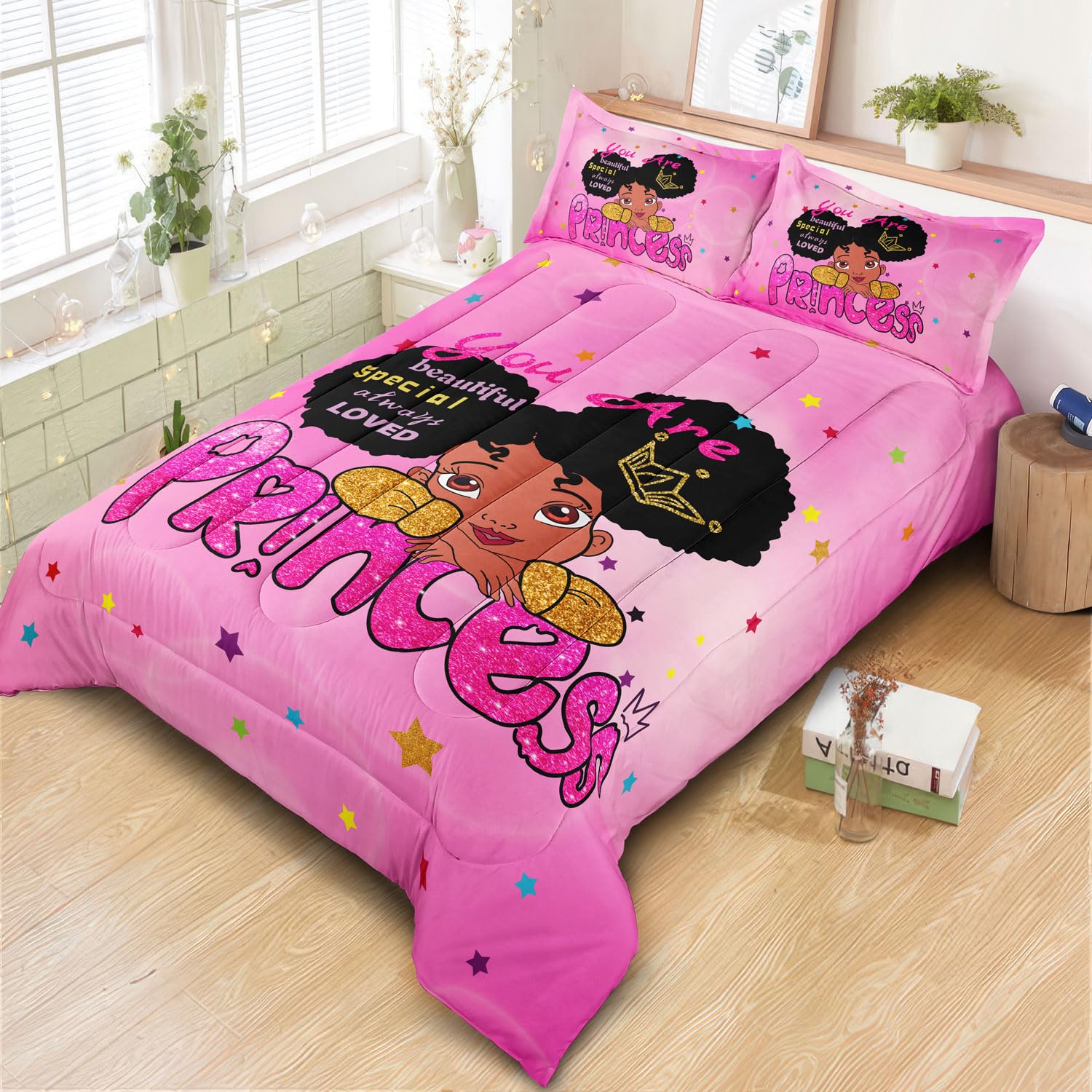 SIRDO Kids Twin Bedding Set for Girls, Princess Comforter Set Twin, Black Girl Bed Set, Pink Teens Kids Daybed Quilt Set with 1 Comforter and 2 Pillow Cases