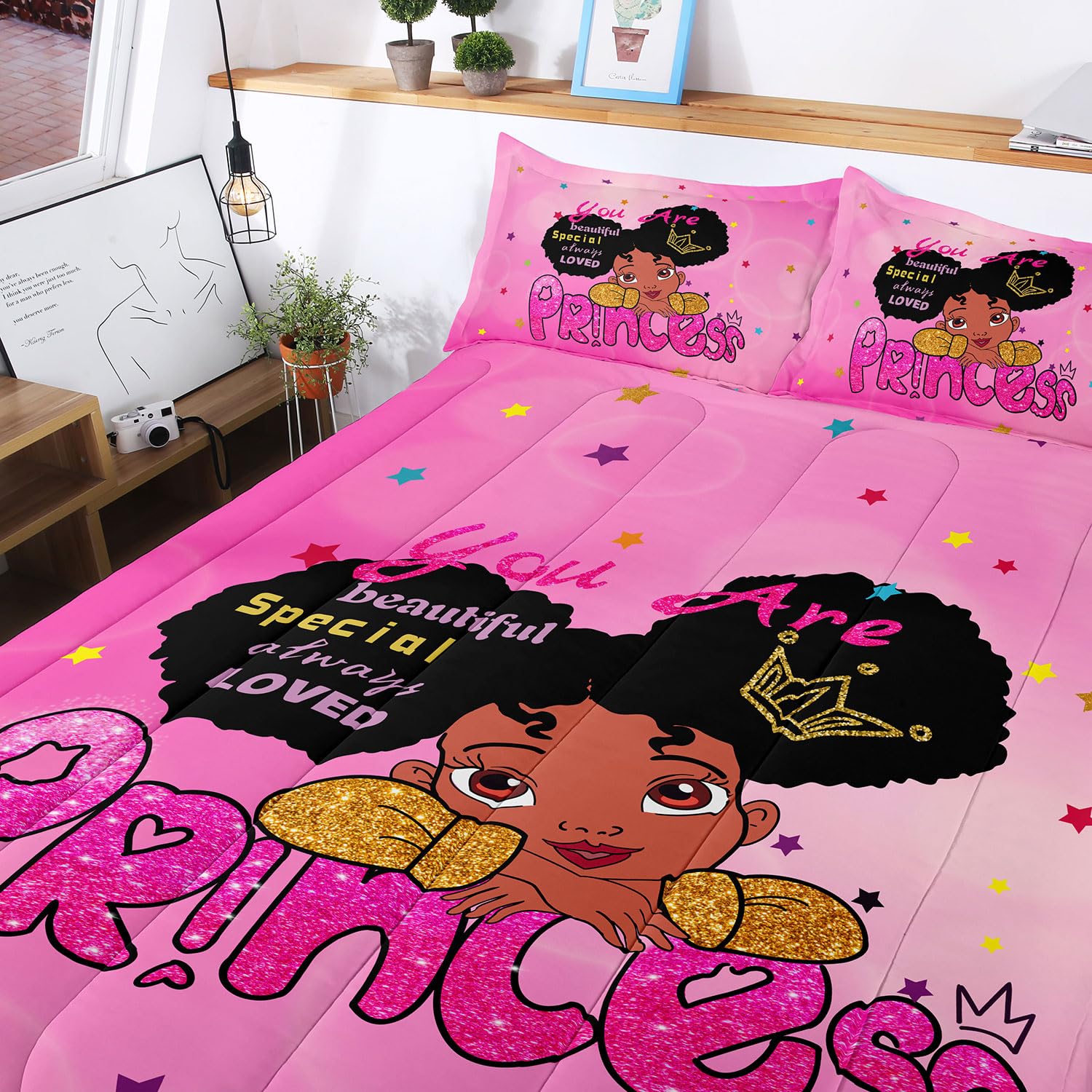 SIRDO Kids Twin Bedding Set for Girls, Princess Comforter Set Twin, Black Girl Bed Set, Pink Teens Kids Daybed Quilt Set with 1 Comforter and 2 Pillow Cases