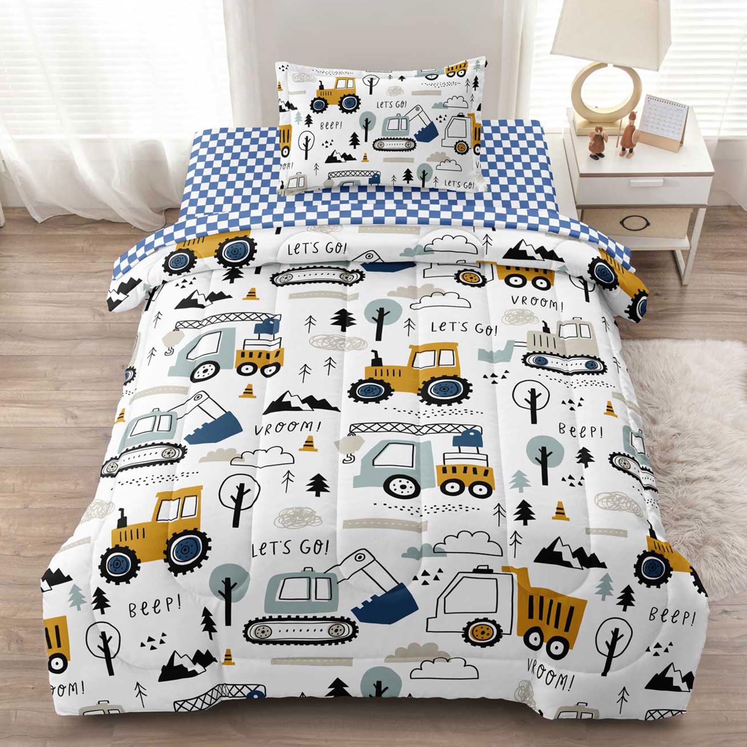 Leaflin 4-Pcs Construction Twin Size Boys Bedding Set, Kids Comforter Set for Teens w/Sheets and Pillowcase, Soft Cartoon Tractor Cars Bed in a Bag Sets