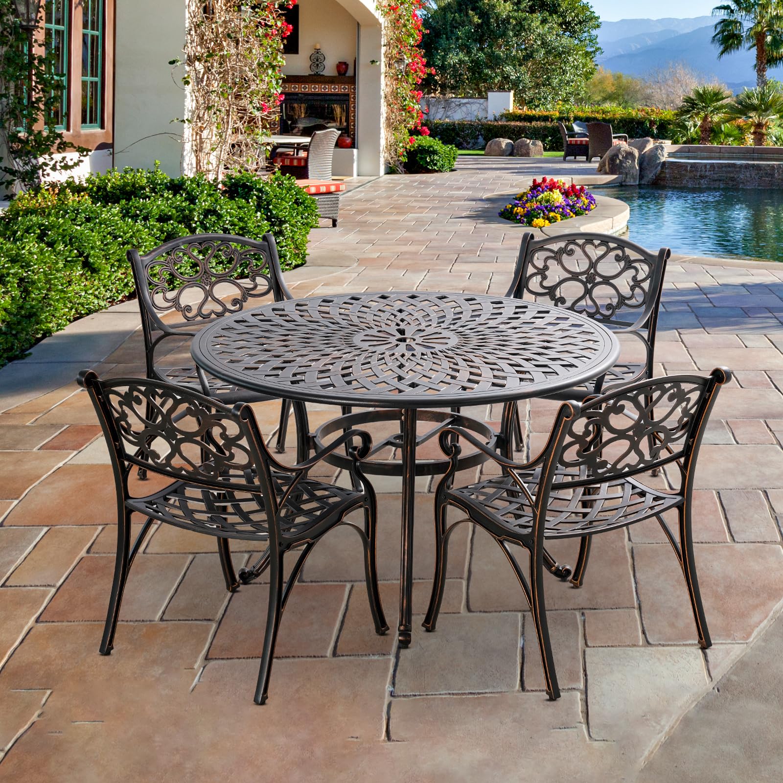 PATIO-IN 5 Piece Patio Dining Set Cast Aluminum Outdoor Table and Chairs Set for 4, with 1 Round Patio Table, 4 Patio Chairs, Outdoor Dining Set with Umbrella Hole for Patio Garden, Bronze