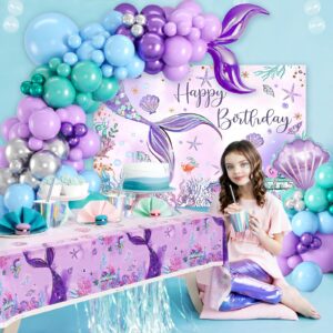 DataMoon Mermaid Birthday Party Decorations - 105pcs Mermaid Birthday Balloons Garland Arch Decorations Including Mermaid Backdrop, Mermaid Tablecloth for Birthday Party,Baby Shower, Gender Reveal.