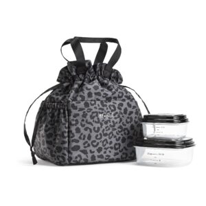 fit & fresh lunch bag for women, insulated womens lunch bag for work, stain-resistant large lunch box for women with containers, cinch closure cromwell bag, black cheetah