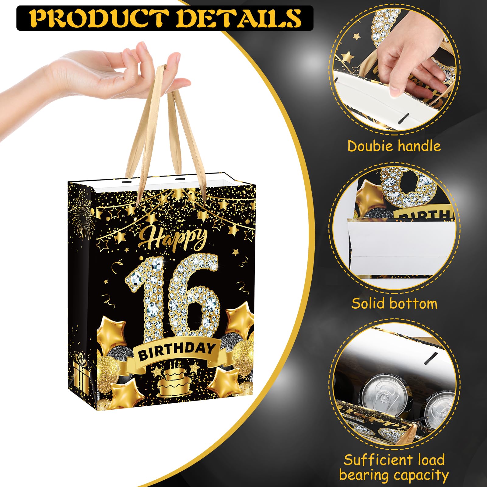 Black Gold 16th Birthday Gift Bag, Gold 16th Birthday Gift Wrap Bag with Tissue Paper and Card Gold Black 16th Birthday Gift Bags Candy Wrapping Bags for Men Women Christmas 16th Birthday Supplies