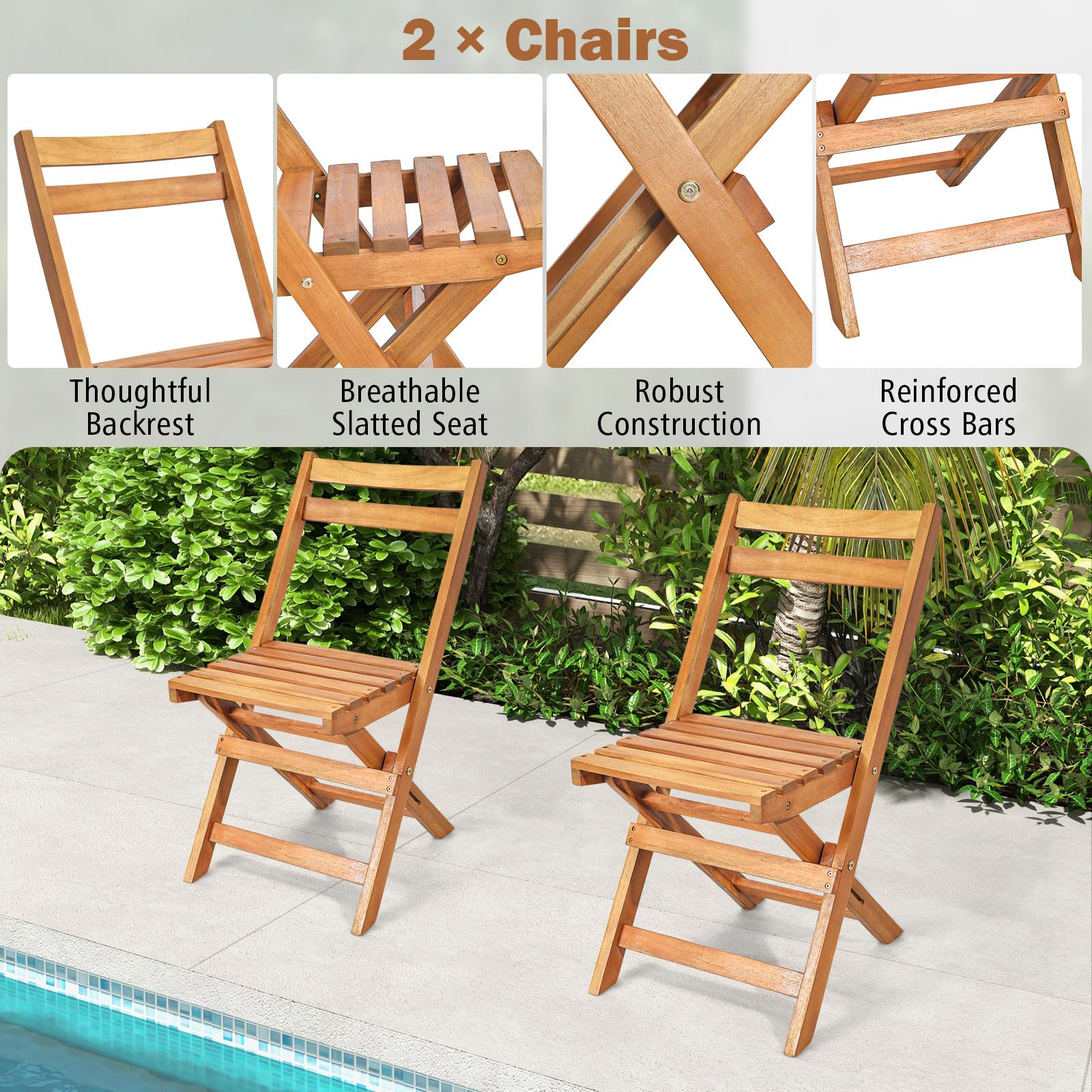 Tangkula 3 Pieces Folding Patio Bistro Set, Solid Acacia Wood Table and Chairs with Slatted Tabletop, Back & Seat, Foldable Outdoor Furniture Set for Patio, Backyard, Garden, Poolside, Natural