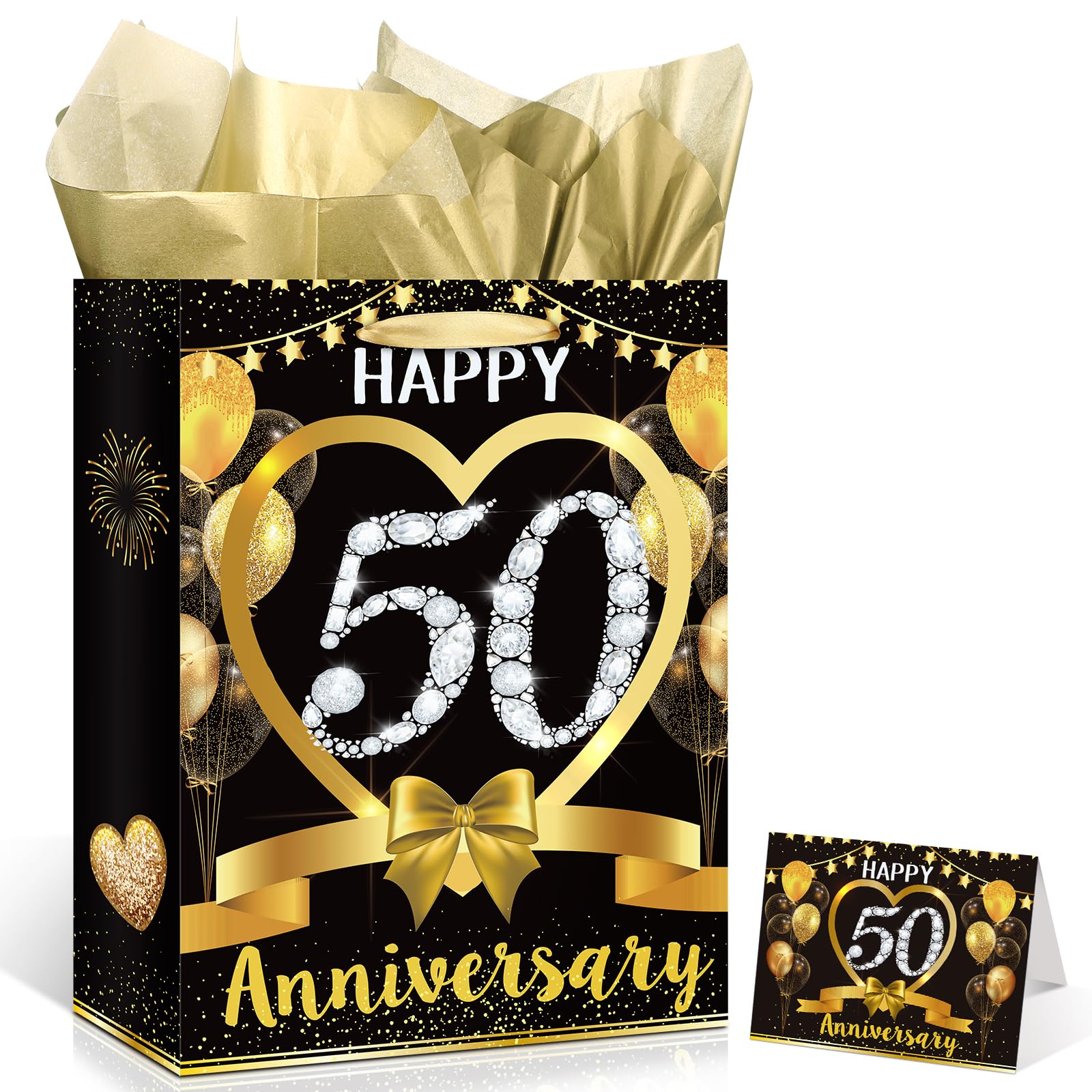 Black Gold Happy 50th Anniversary Paper Gift Bag with Tissue Papers and Card, Gold 50th Anniversary Party Gift Wrapping Bag for 50th Anniversary Golden Wedding Anniversary Decorations Christmas Gift