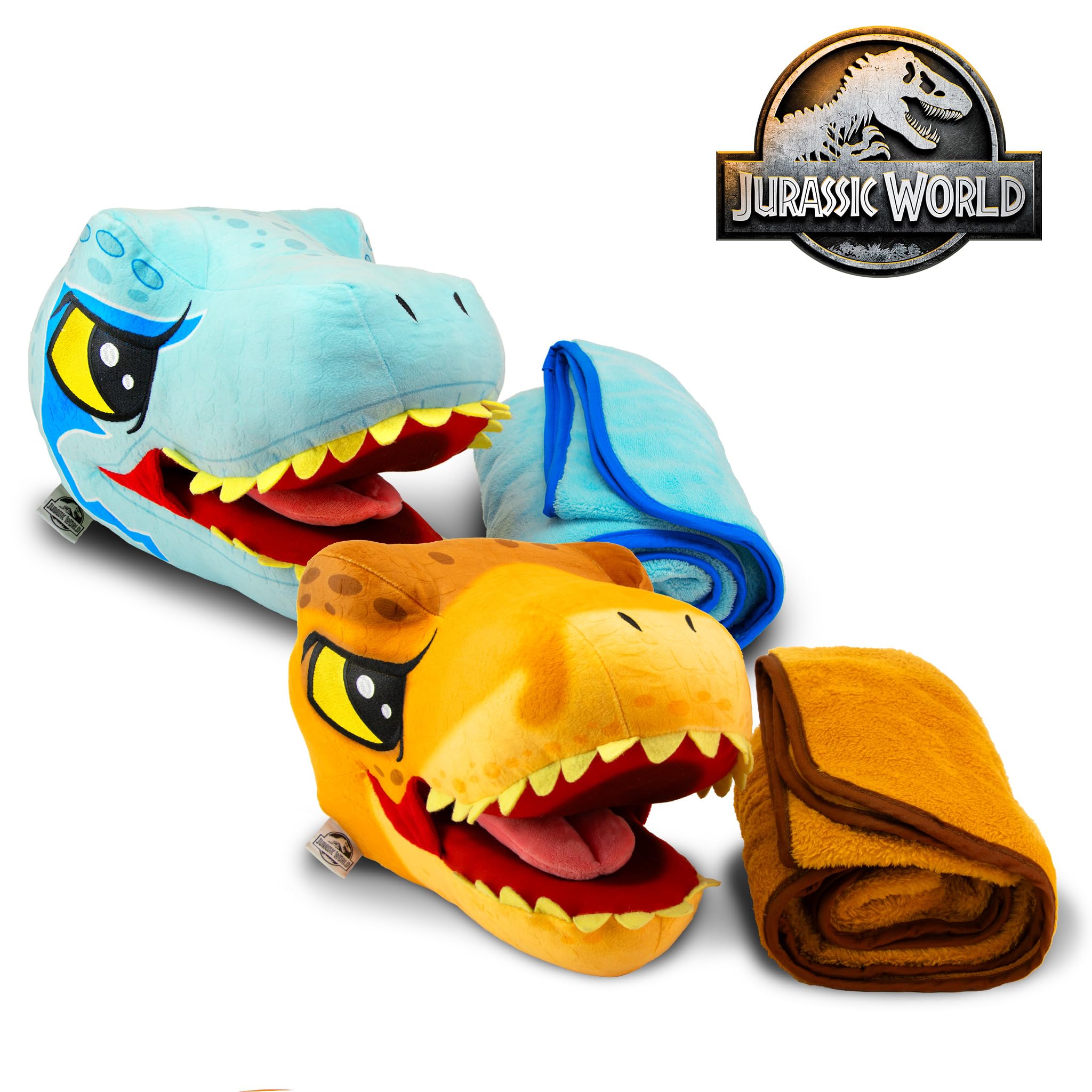 Jurassic World Dinosaur Head Armrest Buddy Stuffed Plush Traveling Toy with Blanket 13” - Kids Ultimate Travel Pillow Companion Set (Blue Raptor)