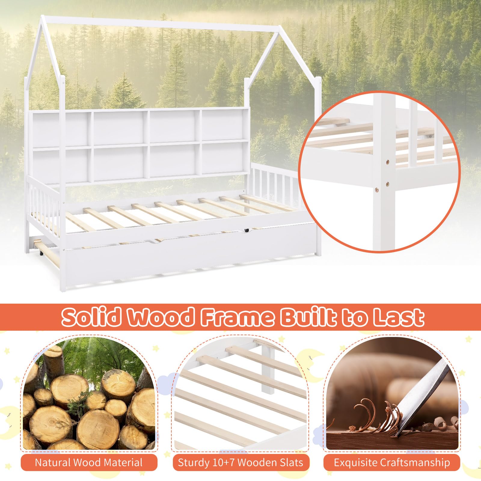 Giantex Twin House Bed with Trundle, Solid Wood Bed Frame with Roof & 8 Cube Bookcase, Wooden Slatted Support Bed Frame for Girls, Boys, No Box Spring Needed, White