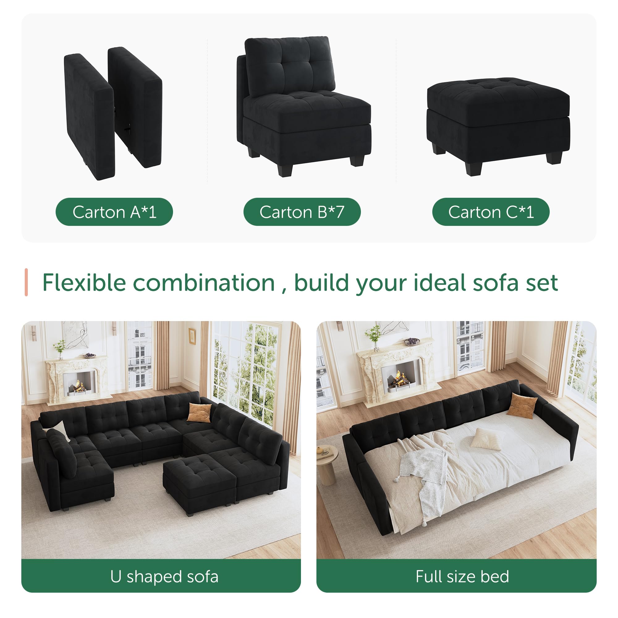 HONBAY Modular Sectional Sofa with Storage Ottomans Oversized U Shaped Couch with Chaises 8-Seater Sectional Sofa for Living Room, Black