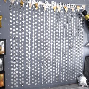 LOLStar 2 Pack Glitter Silver Stars Birthday Decorations 3.3X6.6 ft Each Silver Star Backdrop Foil Fringe Curtains,Perfect for Twinkle Star Baby Shower Anniversary Disco Bachelorette Party Decorations