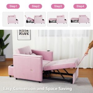 weselon Velvet Convertible Chair Bed, 3 in 1 Multi-Functional Lounge Chair Sleeper, Pull Out Couch Guest Bed with Hidden Table and Adjustable Backrest for Living Room Small Space Apartment (Pink)