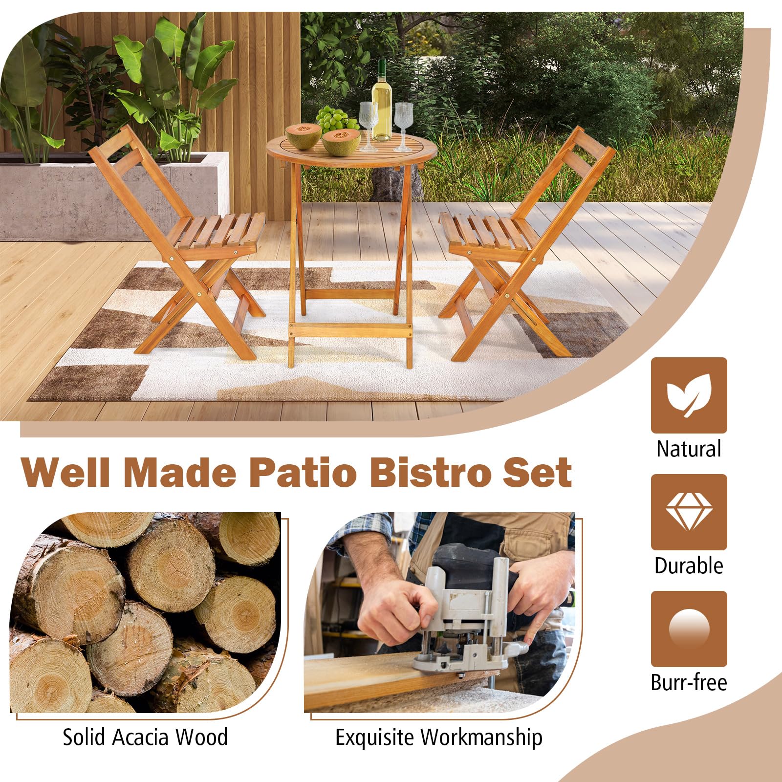 Tangkula 3 Pieces Folding Patio Bistro Set, Solid Acacia Wood Table and Chairs with Slatted Tabletop, Back & Seat, Foldable Outdoor Furniture Set for Patio, Backyard, Garden, Poolside, Natural