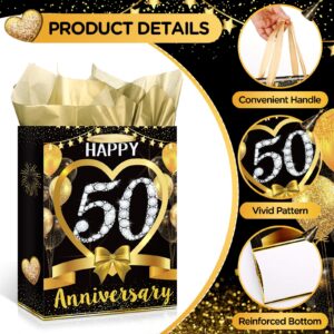 Black Gold Happy 50th Anniversary Paper Gift Bag with Tissue Papers and Card, Gold 50th Anniversary Party Gift Wrapping Bag for 50th Anniversary Golden Wedding Anniversary Decorations Christmas Gift