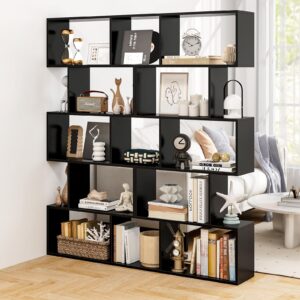 Giantex 5-Tier Geometric Bookshelf Black, 62.5" Tall Wood S-Shaped Bookcase with Anti-Tipping Device, Floor Standing Display Shelf for Bedroom, Living Room, Study