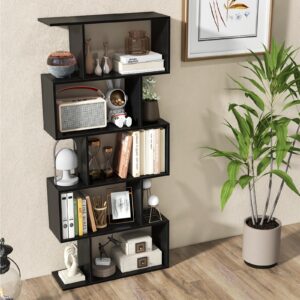 Giantex 5-Tier Geometric Bookshelf Black, 62.5" Tall Wood S-Shaped Bookcase with Anti-Tipping Device, Floor Standing Display Shelf for Bedroom, Living Room, Study