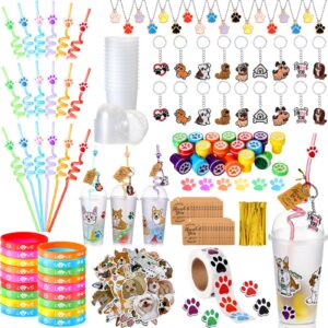 gejoy 178 pcs dog paw party favors set includes paw straws cups silicone bracelet keychain stamper sticker pendant chain thank you tag for boy girl dog paw theme party supplies (puppy, paw)