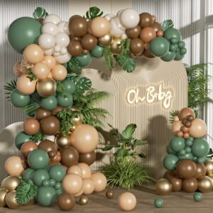 fotiomrg 152pcs sage green brown balloon garland kit, jungle safari woodland balloon arch kit with palm leaves artificial ivy leaves for two wild one birthday wedding baby shower party decorations