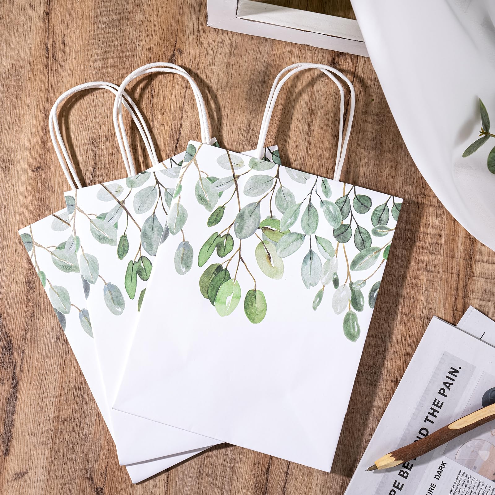 WRAPAHOLIC Medium Eucalyptus Kraft Paper Gift Bags - Green Eucalyptus Leaves Design for Birthday, Baby Shower, Holiday, Party Gift Wrap (Pack of 12)