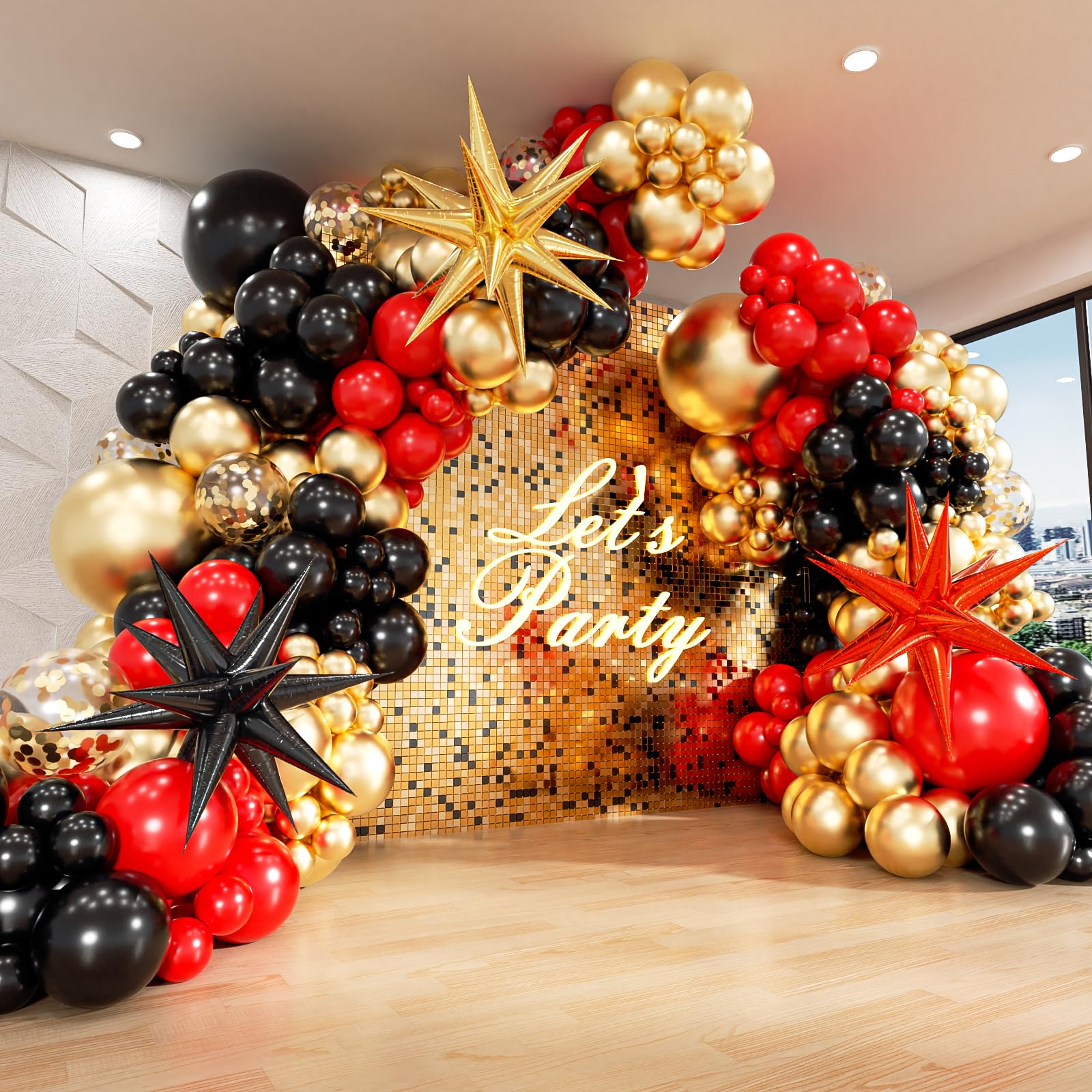 FOTIOMRG Red Black Gold Balloons Arch kit with 3pcs Star Balloons, Red Black and Gold Balloons Garland for Anniversary Casino Night Hollywood New Years Movie Night Birthday Decorations