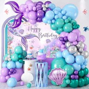 DataMoon Mermaid Birthday Party Decorations - 105pcs Mermaid Birthday Balloons Garland Arch Decorations Including Mermaid Backdrop, Mermaid Tablecloth for Birthday Party,Baby Shower, Gender Reveal.