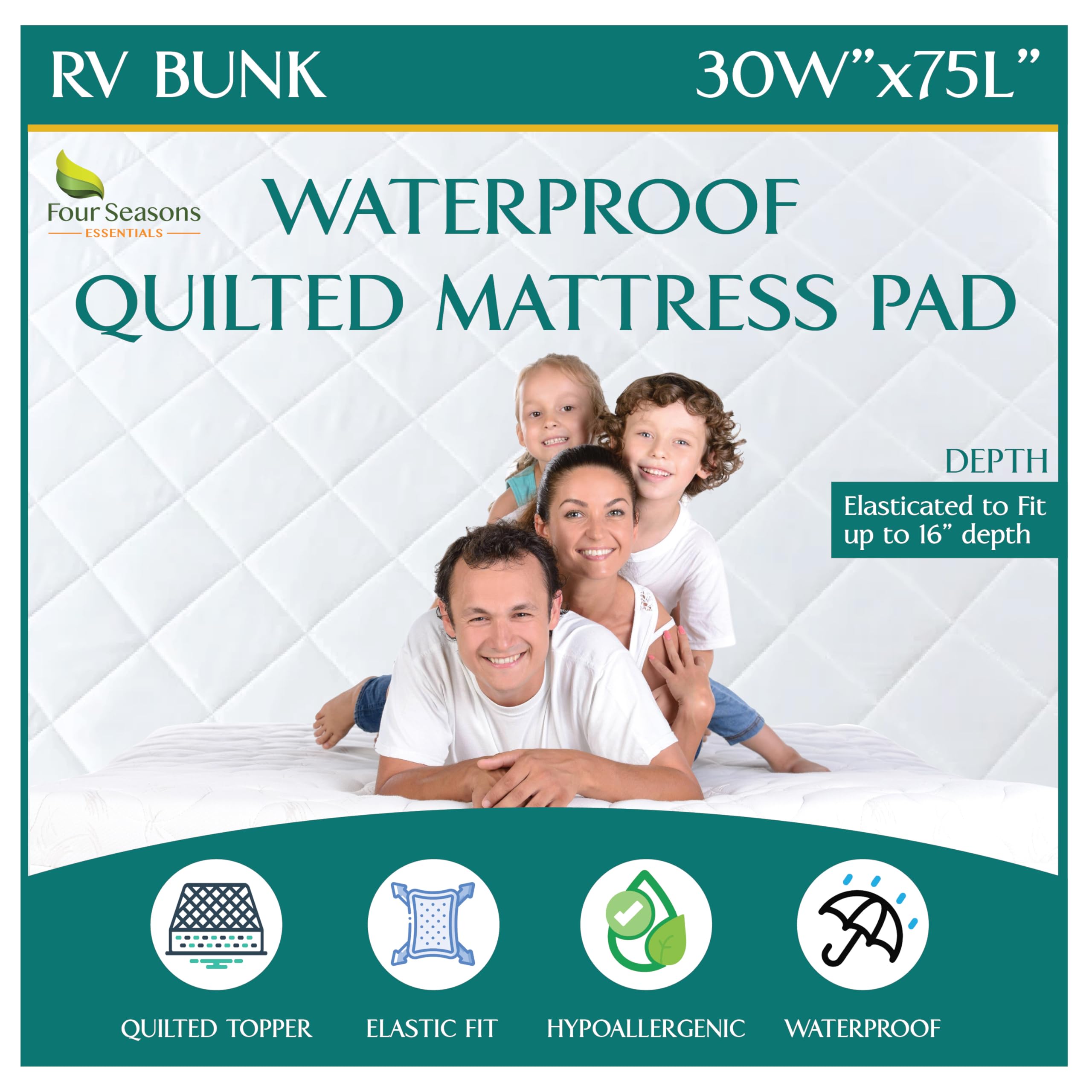 RV Bunk Size Waterproof Mattress Pad - Fitted Mattress Protector with Quilted Pillow Top Mattress Topper - Premium Quality Hypoallergenic Mattress Cover (30”x75”)