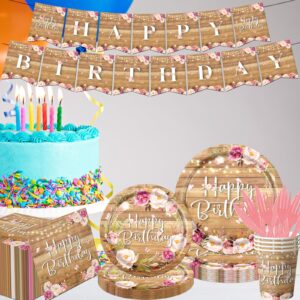 142Pcs Floral Birthday Party Plates Wood Grain Flower Tableware Set for Girls Kids Bridal Shower Party Supplies Rustic Wooden Birthday Paper Plates Napkins Forks Decorations for 20 Guests