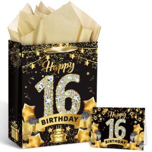 black gold 16th birthday gift bag, gold 16th birthday gift wrap bag with tissue paper and card gold black 16th birthday gift bags candy wrapping bags for men women christmas 16th birthday supplies