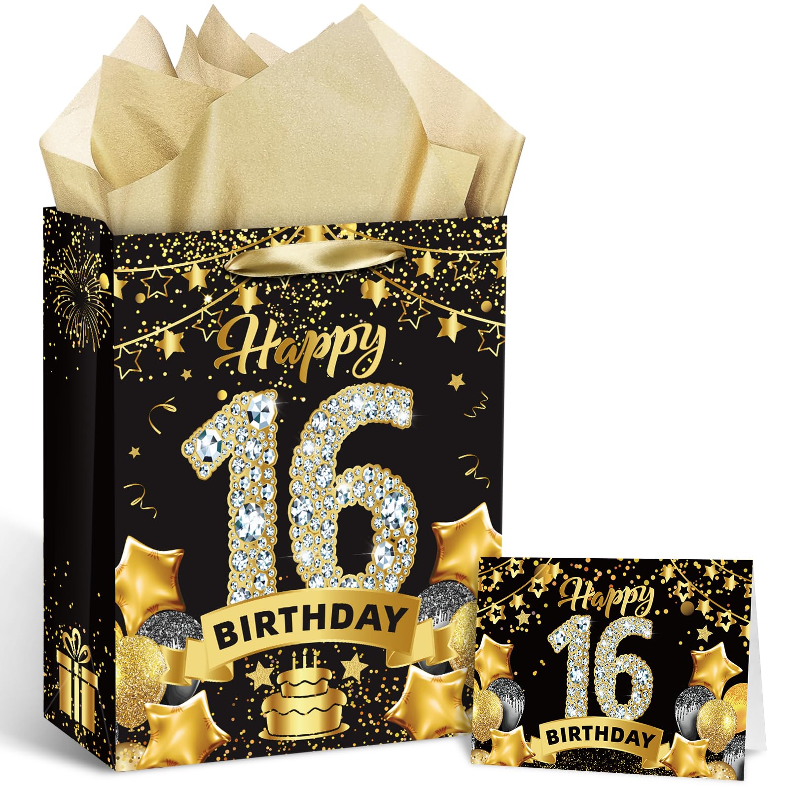 Black Gold 16th Birthday Gift Bag, Gold 16th Birthday Gift Wrap Bag with Tissue Paper and Card Gold Black 16th Birthday Gift Bags Candy Wrapping Bags for Men Women Christmas 16th Birthday Supplies