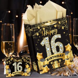 Black Gold 16th Birthday Gift Bag, Gold 16th Birthday Gift Wrap Bag with Tissue Paper and Card Gold Black 16th Birthday Gift Bags Candy Wrapping Bags for Men Women Christmas 16th Birthday Supplies