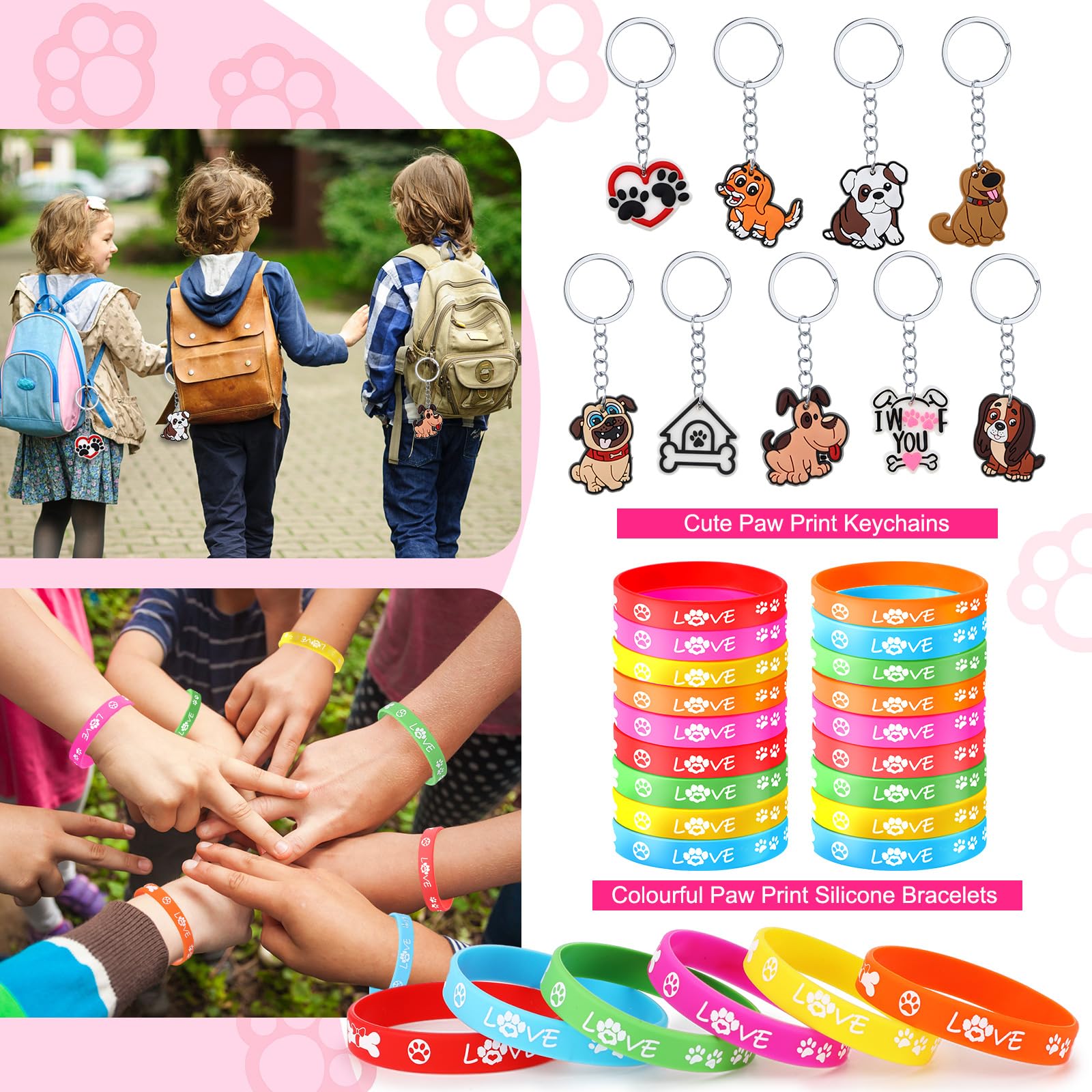 Gejoy 178 Pcs Dog Paw Party Favors Set Includes Paw Straws Cups Silicone Bracelet Keychain Stamper Sticker Pendant Chain Thank You Tag for Boy Girl Dog Paw Theme Party Supplies (Puppy, Paw)