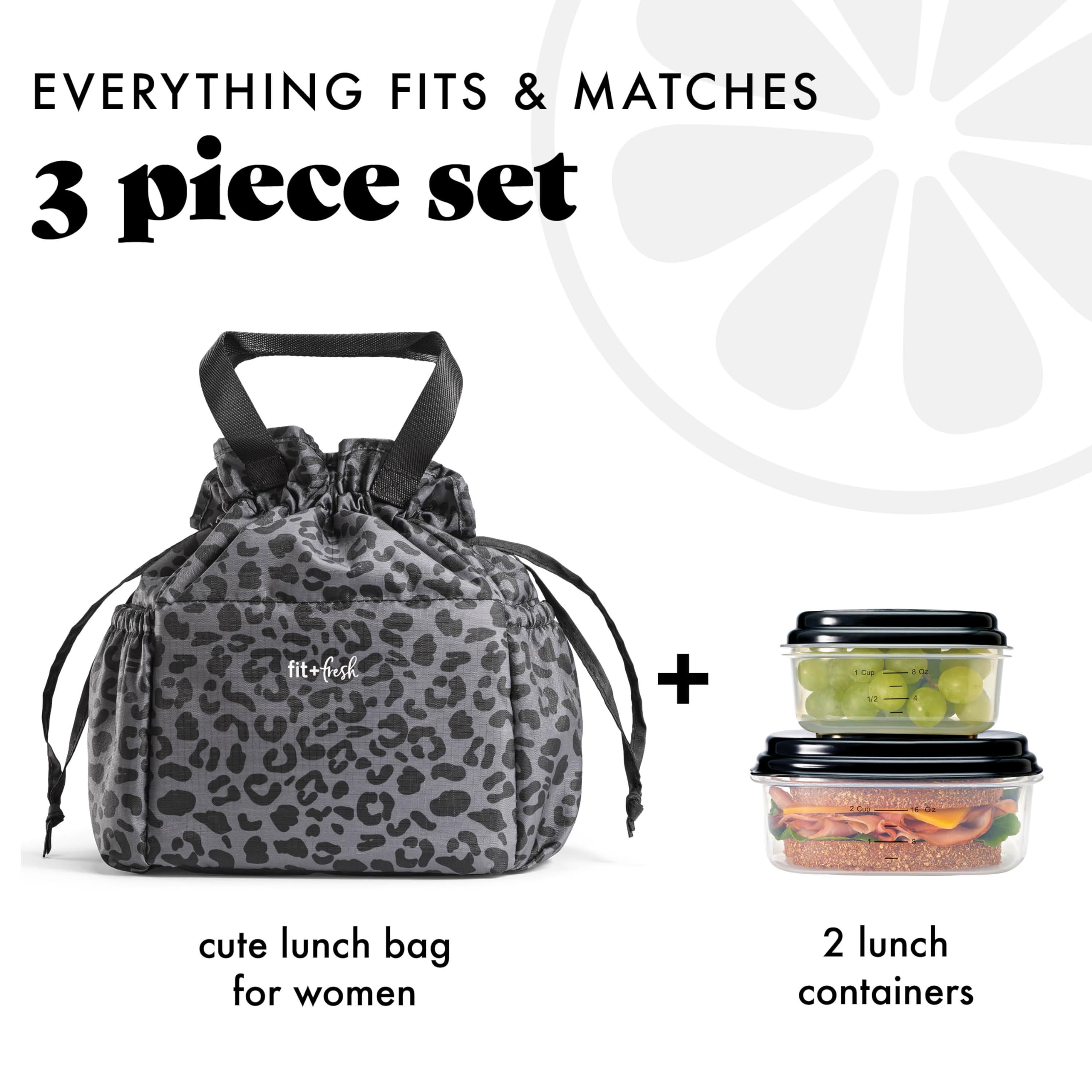 Fit & Fresh Lunch Bag For Women, Insulated Womens Lunch Bag For Work, Stain-Resistant Large Lunch Box For Women With Containers, Cinch Closure Cromwell Bag, Black Cheetah