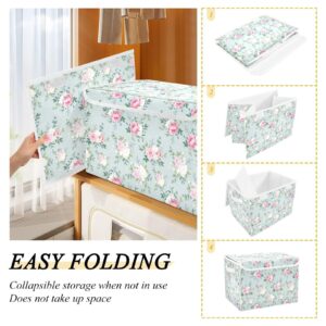 Nisza Floral Pattern Blue Large Collapsible Storage Bins with Lids and Handle, Foldable Fabric Storage Boxes Cube for Home Office