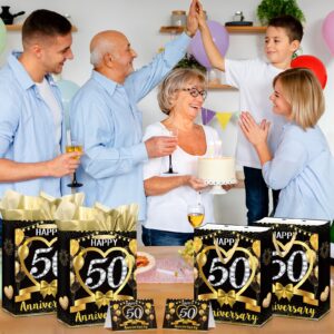 Black Gold Happy 50th Anniversary Paper Gift Bag with Tissue Papers and Card, Gold 50th Anniversary Party Gift Wrapping Bag for 50th Anniversary Golden Wedding Anniversary Decorations Christmas Gift