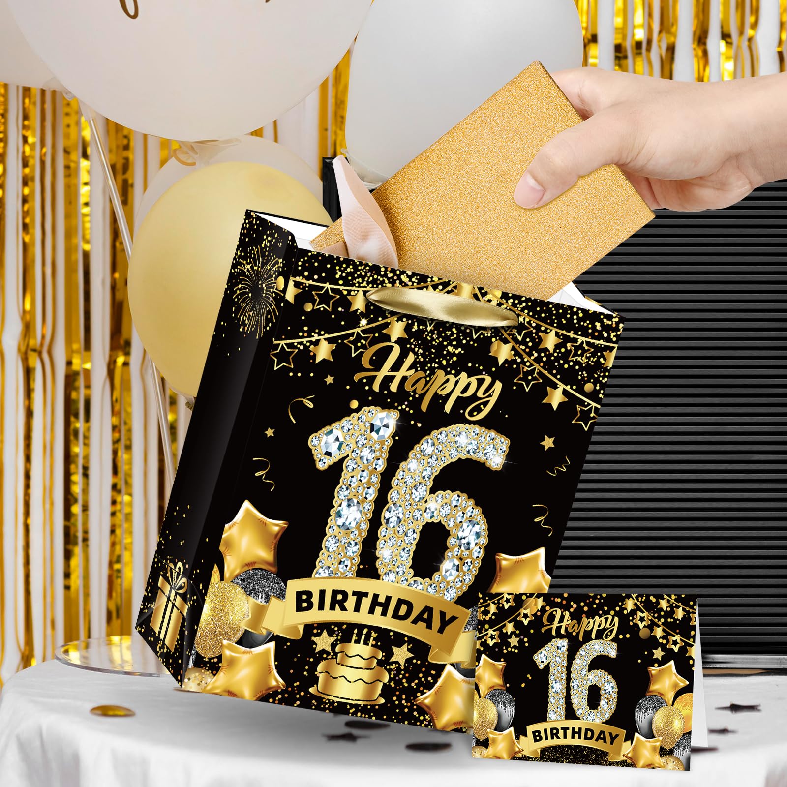 Black Gold 16th Birthday Gift Bag, Gold 16th Birthday Gift Wrap Bag with Tissue Paper and Card Gold Black 16th Birthday Gift Bags Candy Wrapping Bags for Men Women Christmas 16th Birthday Supplies