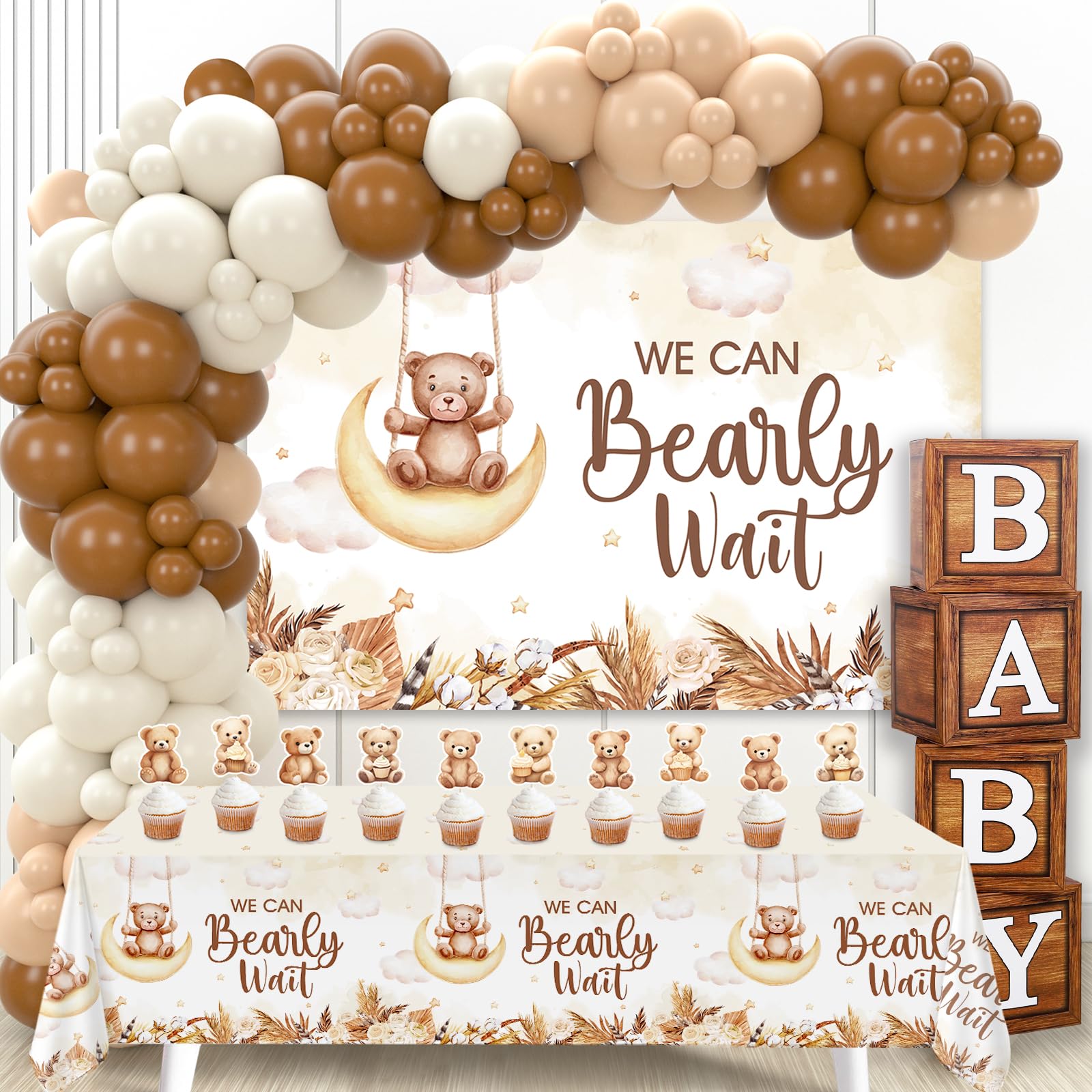 DataMoon Teddy Bear Baby Shower Decorations - Baby Boxes with Letters,Boho Balloons,We Can Bearly Wait Backdrop,Cake Topper,Tablecloth for Baby Shower,Gender Reveal Party Supplies