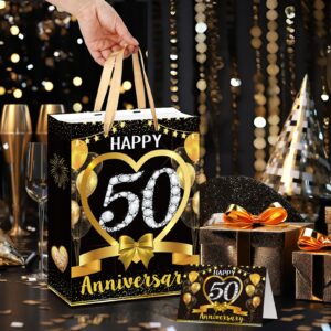 Black Gold Happy 50th Anniversary Paper Gift Bag with Tissue Papers and Card, Gold 50th Anniversary Party Gift Wrapping Bag for 50th Anniversary Golden Wedding Anniversary Decorations Christmas Gift