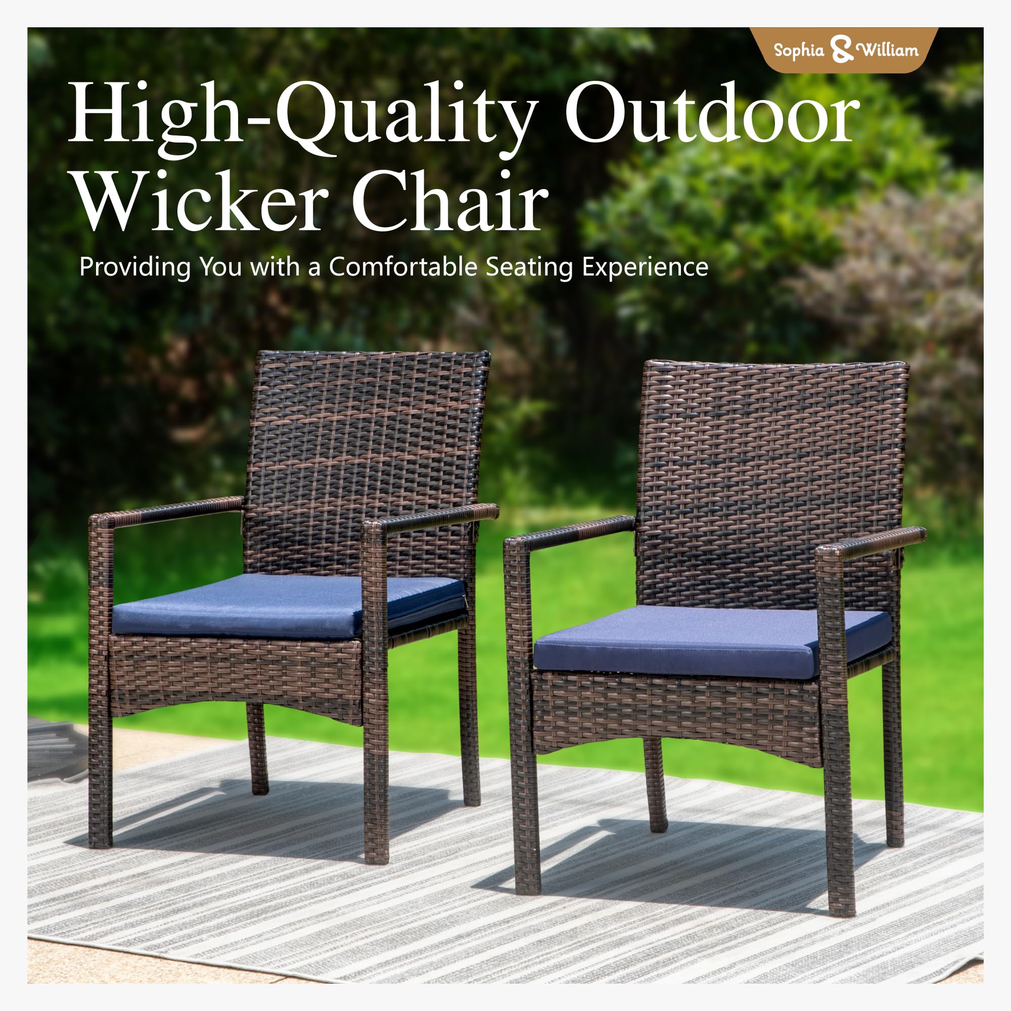 Sophia & William Patio Chairs Set of 2, 2 Pcs All-Weather Rattan Outdoor Dining Chairs, Lightweight Wicker Dining Chairs with Seat Cushions