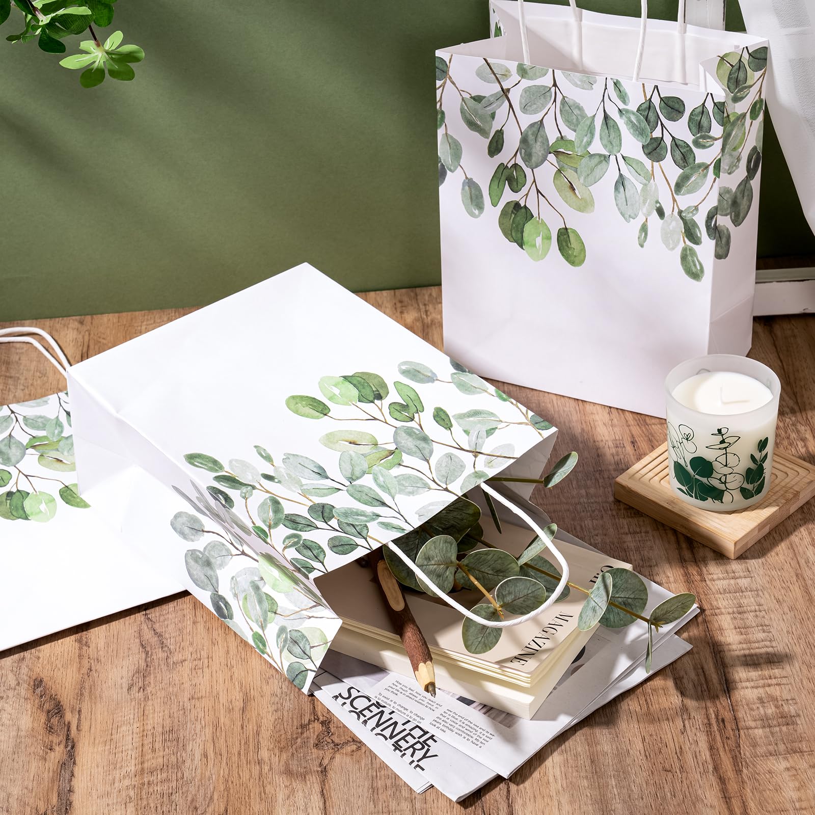 WRAPAHOLIC Medium Eucalyptus Kraft Paper Gift Bags - Green Eucalyptus Leaves Design for Birthday, Baby Shower, Holiday, Party Gift Wrap (Pack of 12)