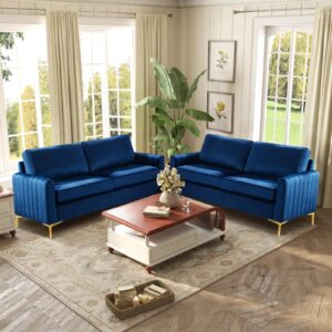 65'' Blue Couch for Small Space, Modern Comfy Upholstered 2-Seater Tufted Velvet Love Seat Sofa Couches for Livingroom Bedroom Apartment Furniture, Soft Foam Pocket Spring Hybrid Cushioned, Gold Leg