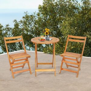 Tangkula 3 Pieces Folding Patio Bistro Set, Solid Acacia Wood Table and Chairs with Slatted Tabletop, Back & Seat, Foldable Outdoor Furniture Set for Patio, Backyard, Garden, Poolside, Natural