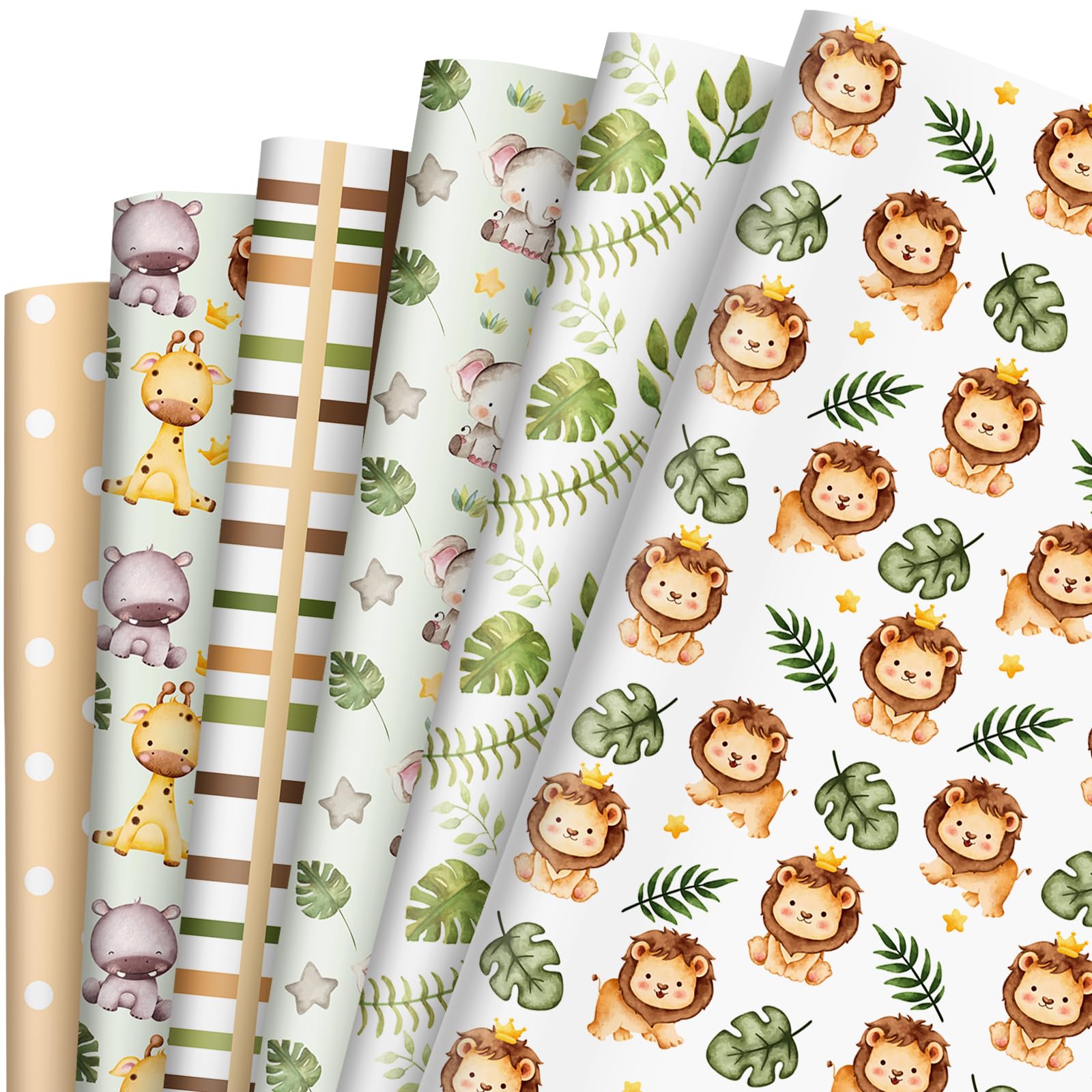 Whaline 12 Sheet Baby Shower Wrapping Paper Jungle Safari Wildlife Gift Wrap Paper Folded Flat Elephant Giraffe Lion Art Paper for DIY Craft Party Decor Wrapping Supplies