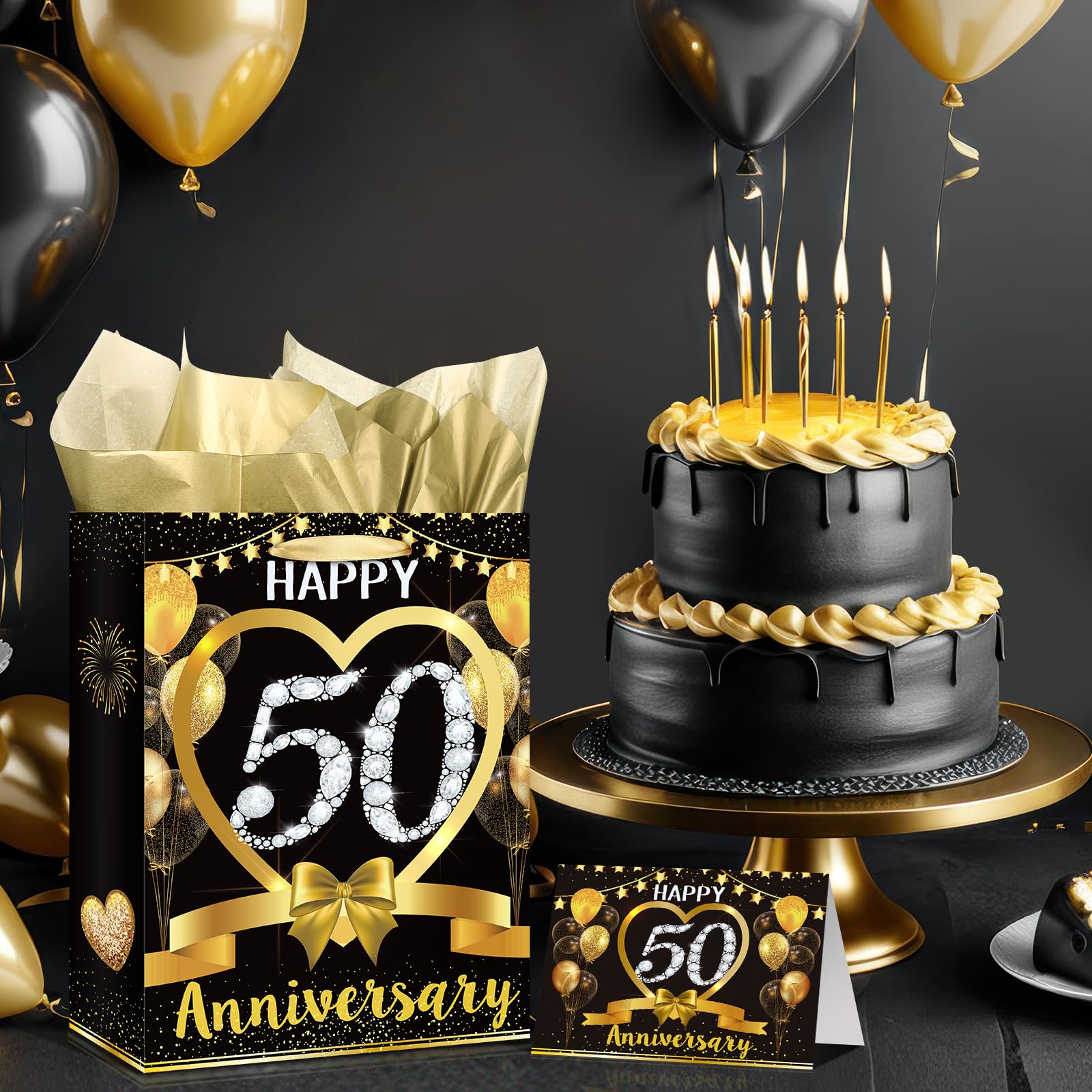 Black Gold Happy 50th Anniversary Paper Gift Bag with Tissue Papers and Card, Gold 50th Anniversary Party Gift Wrapping Bag for 50th Anniversary Golden Wedding Anniversary Decorations Christmas Gift