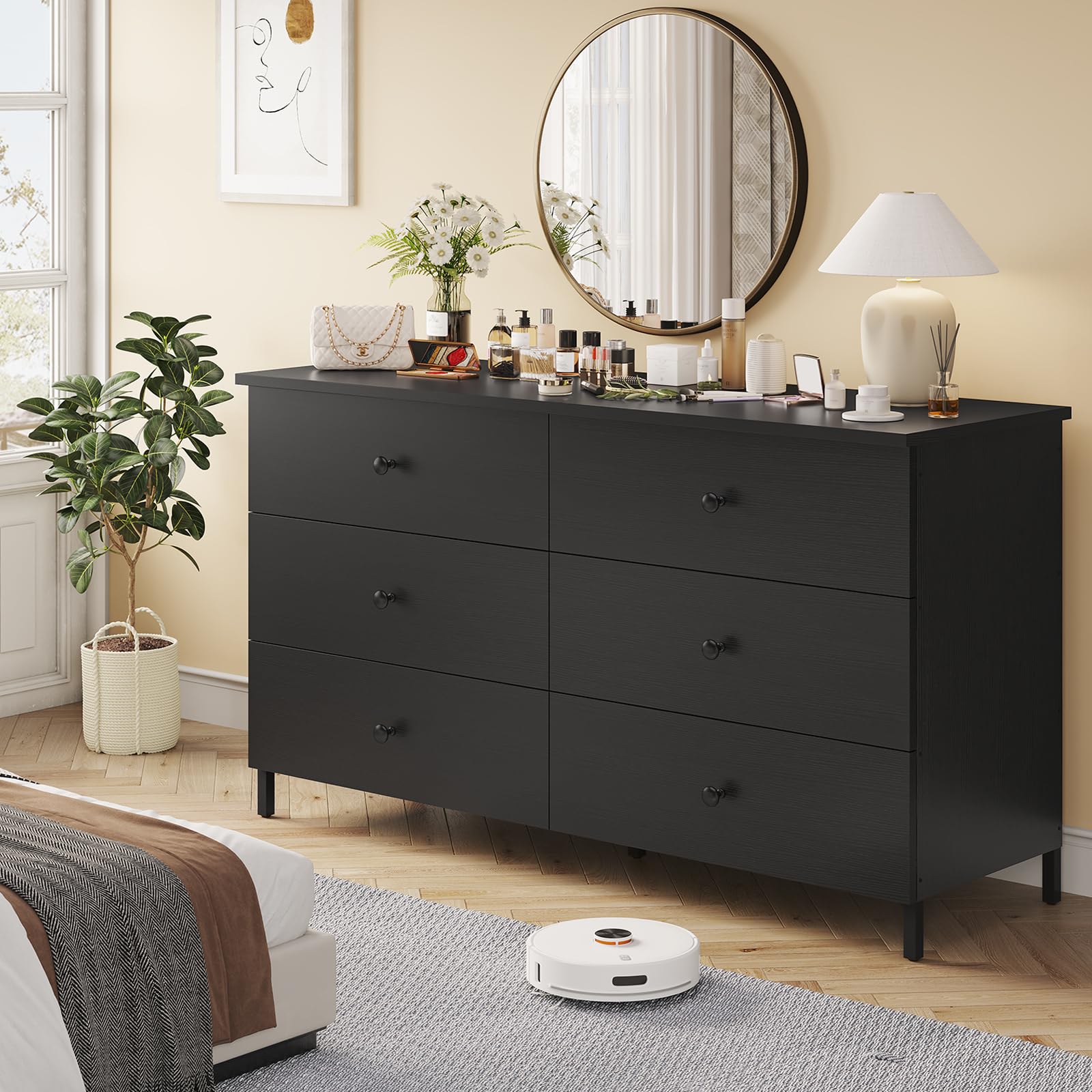 Hasuit 6 Drawers Double Dresser, Wooden Dresser with Heavy Sturdy Steel Frame, Large Capacity Storage Chest of Drawers, Black Dresser for Bedroom, Living Room, Entryway