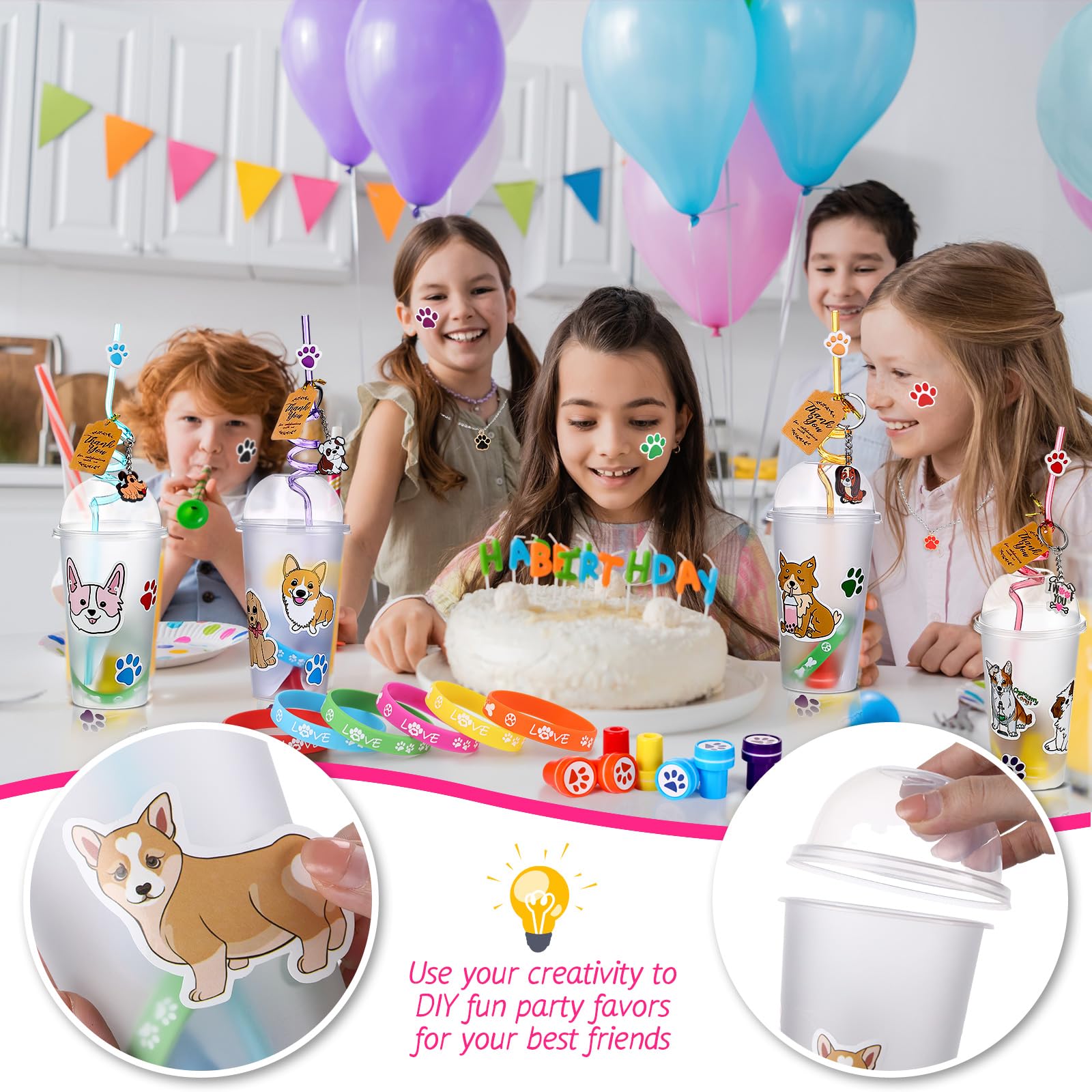 Gejoy 178 Pcs Dog Paw Party Favors Set Includes Paw Straws Cups Silicone Bracelet Keychain Stamper Sticker Pendant Chain Thank You Tag for Boy Girl Dog Paw Theme Party Supplies (Puppy, Paw)