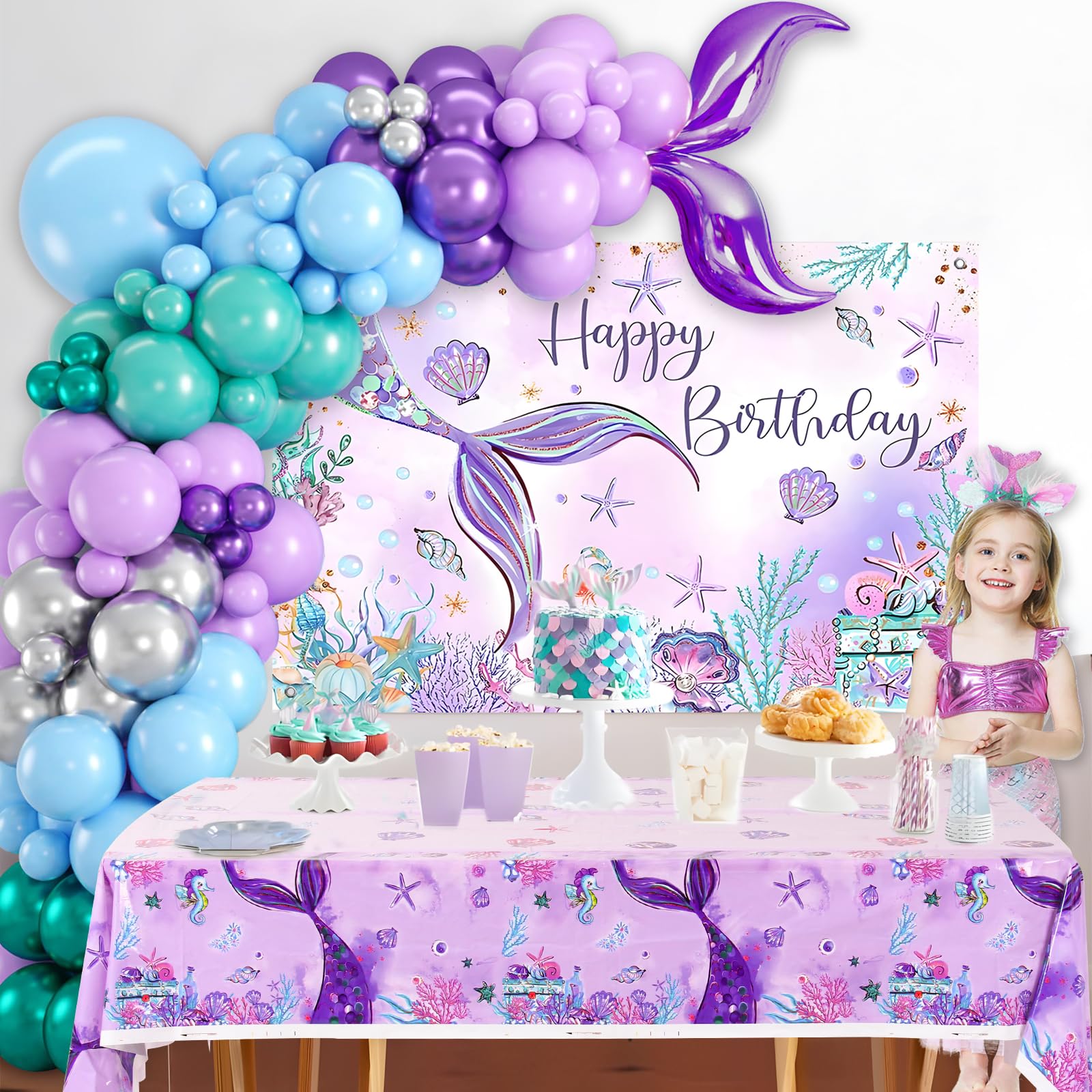 DataMoon Mermaid Birthday Party Decorations - 105pcs Mermaid Birthday Balloons Garland Arch Decorations Including Mermaid Backdrop, Mermaid Tablecloth for Birthday Party,Baby Shower, Gender Reveal.