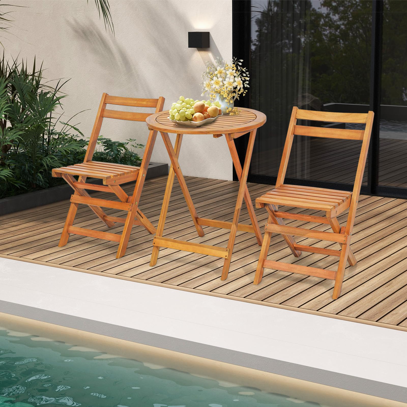 Tangkula 3 Pieces Folding Patio Bistro Set, Solid Acacia Wood Table and Chairs with Slatted Tabletop, Back & Seat, Foldable Outdoor Furniture Set for Patio, Backyard, Garden, Poolside, Natural