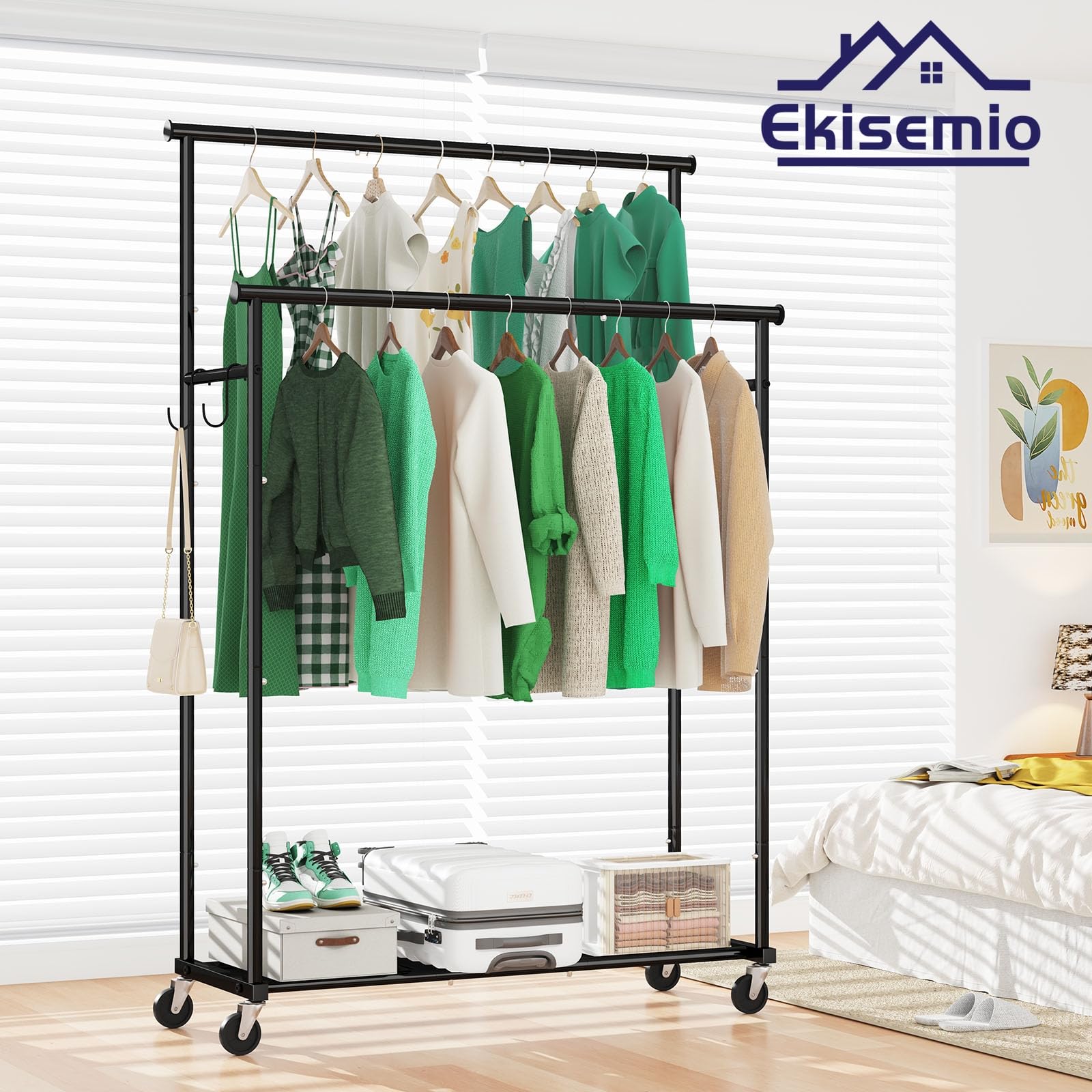 Ekisemio Double Rod Clothing Garment Rack on Wheels, 45 Inches Clothes Rack with Mesh Bottom Shelf for Hanging Clothes, Heavy Duty Metal Maximum Capacity 400 lb, Black