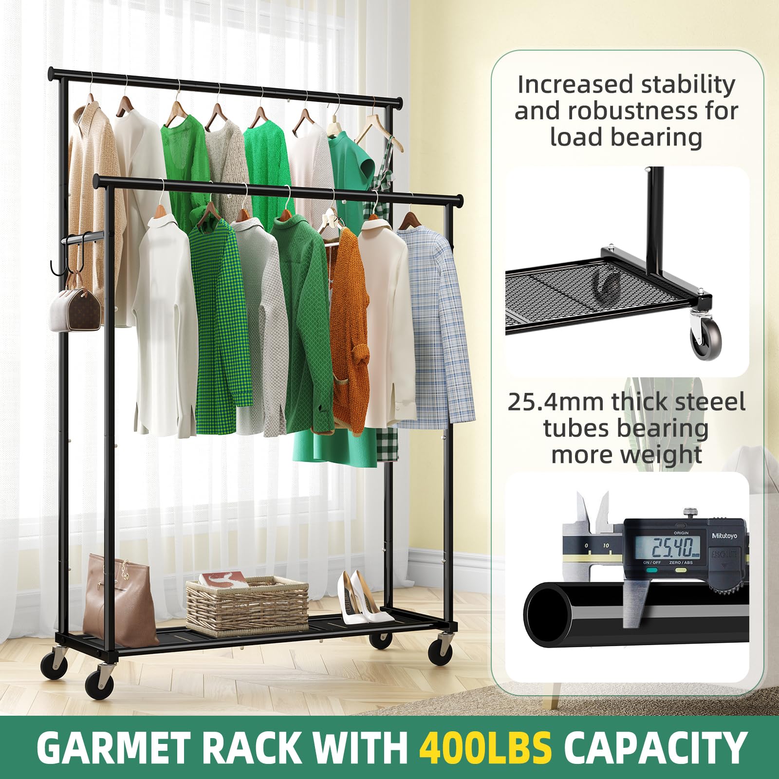 Ekisemio Double Rod Clothing Garment Rack on Wheels, 45 Inches Clothes Rack with Mesh Bottom Shelf for Hanging Clothes, Heavy Duty Metal Maximum Capacity 400 lb, Black