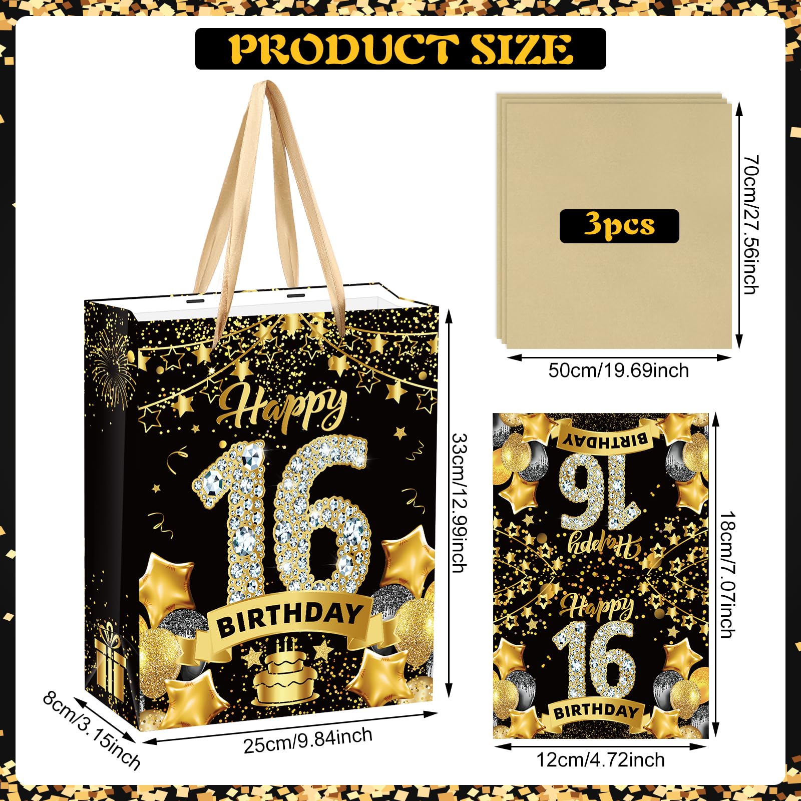 Black Gold 16th Birthday Gift Bag, Gold 16th Birthday Gift Wrap Bag with Tissue Paper and Card Gold Black 16th Birthday Gift Bags Candy Wrapping Bags for Men Women Christmas 16th Birthday Supplies