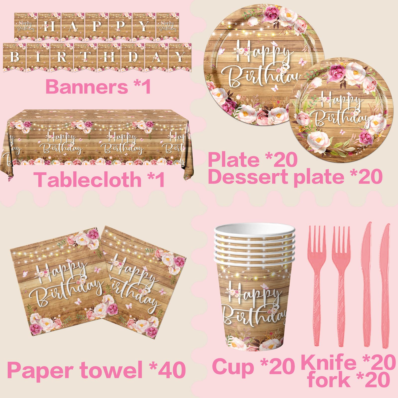 142Pcs Floral Birthday Party Plates Wood Grain Flower Tableware Set for Girls Kids Bridal Shower Party Supplies Rustic Wooden Birthday Paper Plates Napkins Forks Decorations for 20 Guests