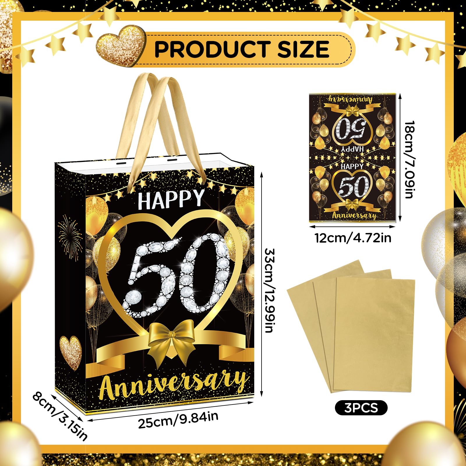 Black Gold Happy 50th Anniversary Paper Gift Bag with Tissue Papers and Card, Gold 50th Anniversary Party Gift Wrapping Bag for 50th Anniversary Golden Wedding Anniversary Decorations Christmas Gift